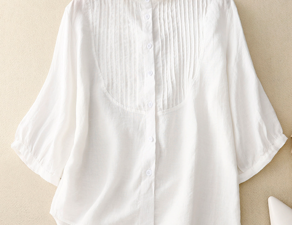 【全3色】M~2XL 七分袖ラミーシャツ｜フレンチピンタック ナチュラルレトロなゆったりコットンリネントップス