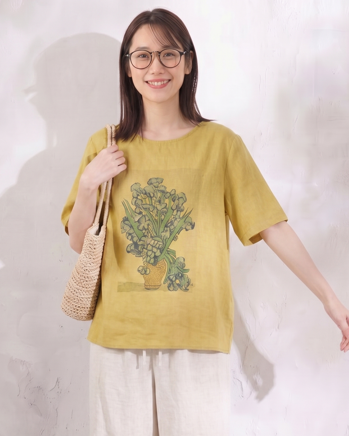 ゆったりカジュアルクルーネックフラワープリント半袖Tシャツ