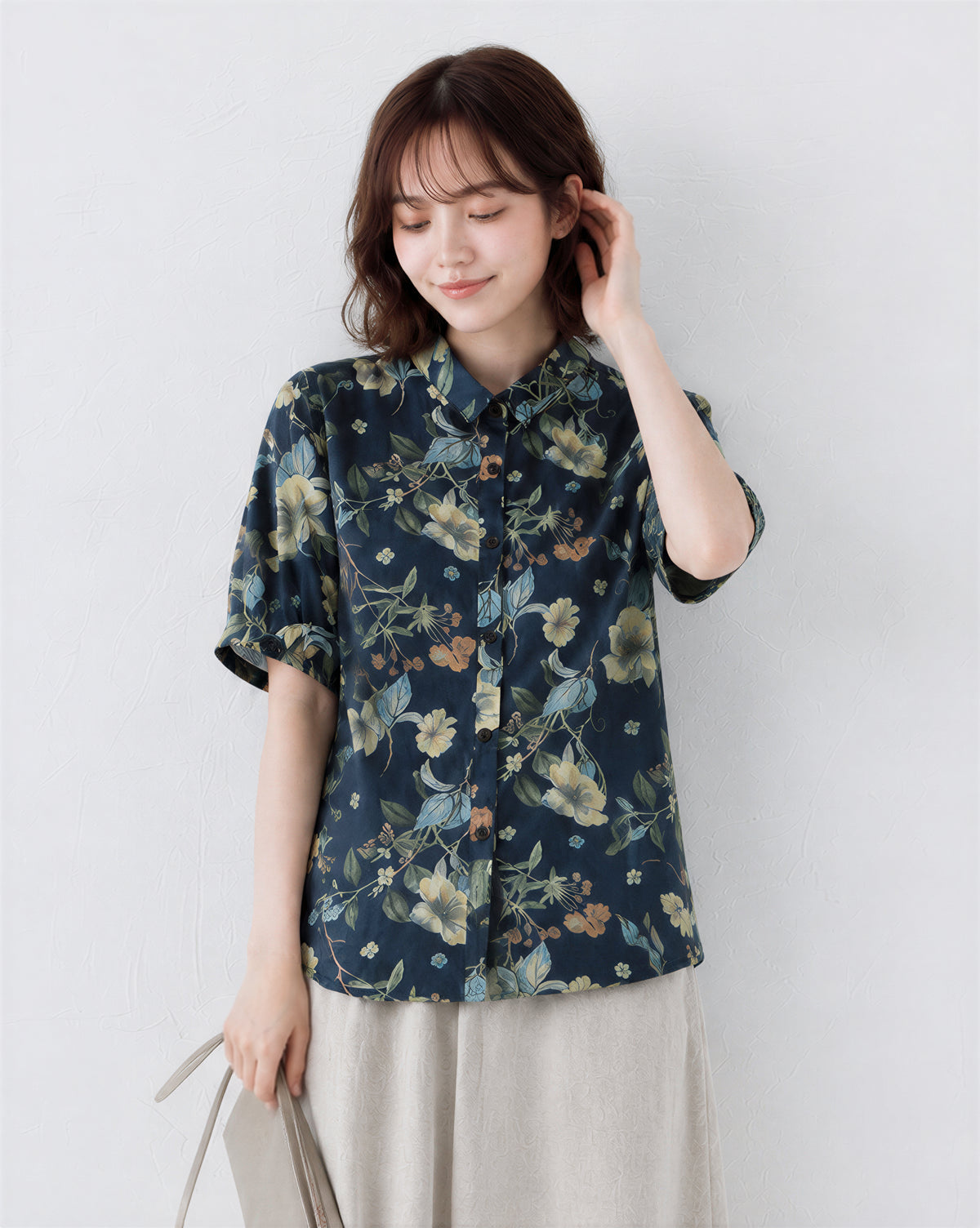 M~2XL レトロフラワープリント ブルーシャツ
