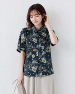 M~2XL レトロフラワープリント ブルーシャツ