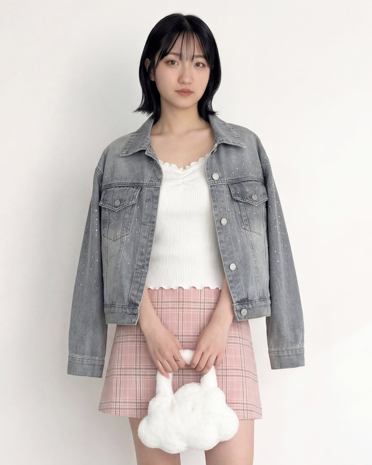 ラメドット飾り ショート丈 ルーズフィット デニムジャケット-ブルー-L