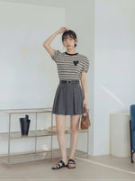 黒×白 細ボーダー ハートワッペン パフスリーブ 半袖Tシャツ