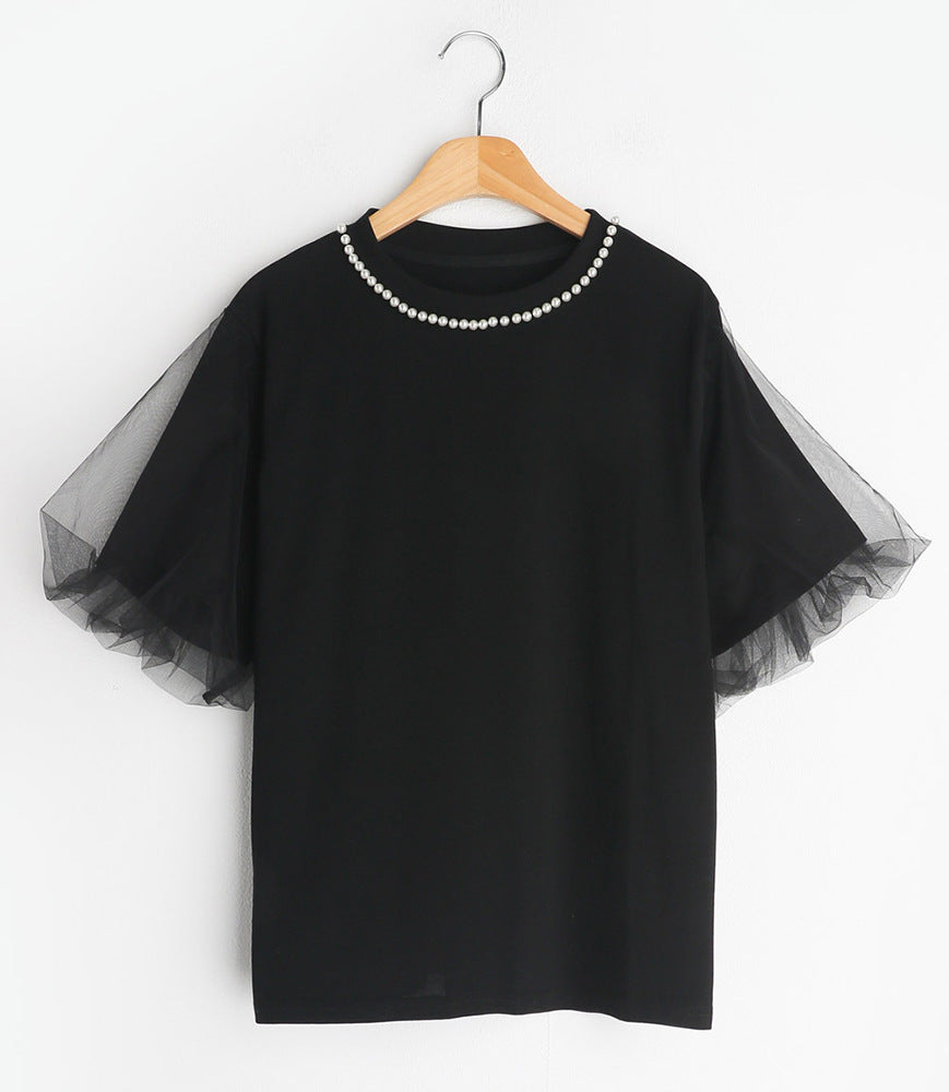 パール風襟飾り チュールフリルスリーブ ゆったり半袖Tシャツ
