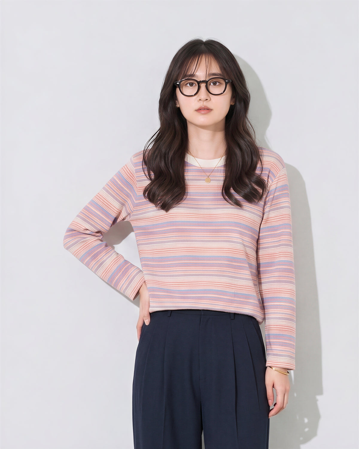 【秋新作】S~XL ライトピンク 細ボーダー クルーネック 長袖Tシャツ