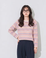 【秋新作】S~XL ライトピンク 細ボーダー クルーネック 長袖Tシャツ
