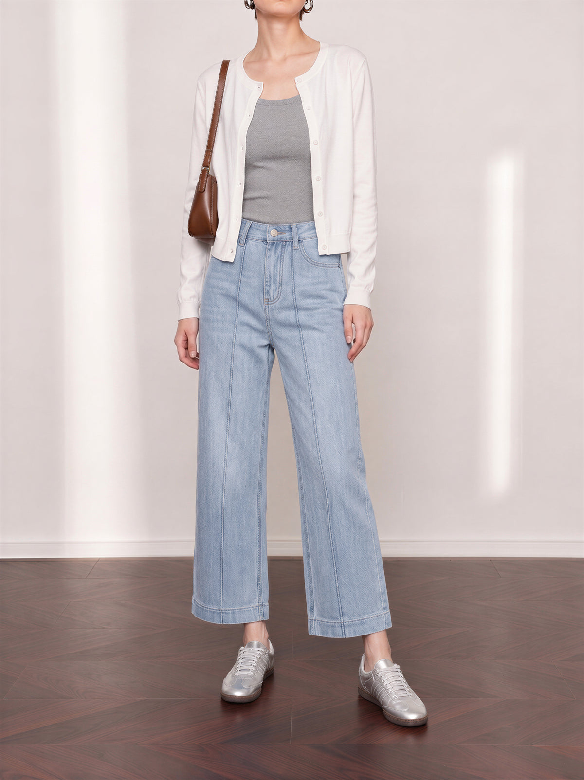 ハイウエスト センターシーム ワイドデニムパンツ-サックス-XL