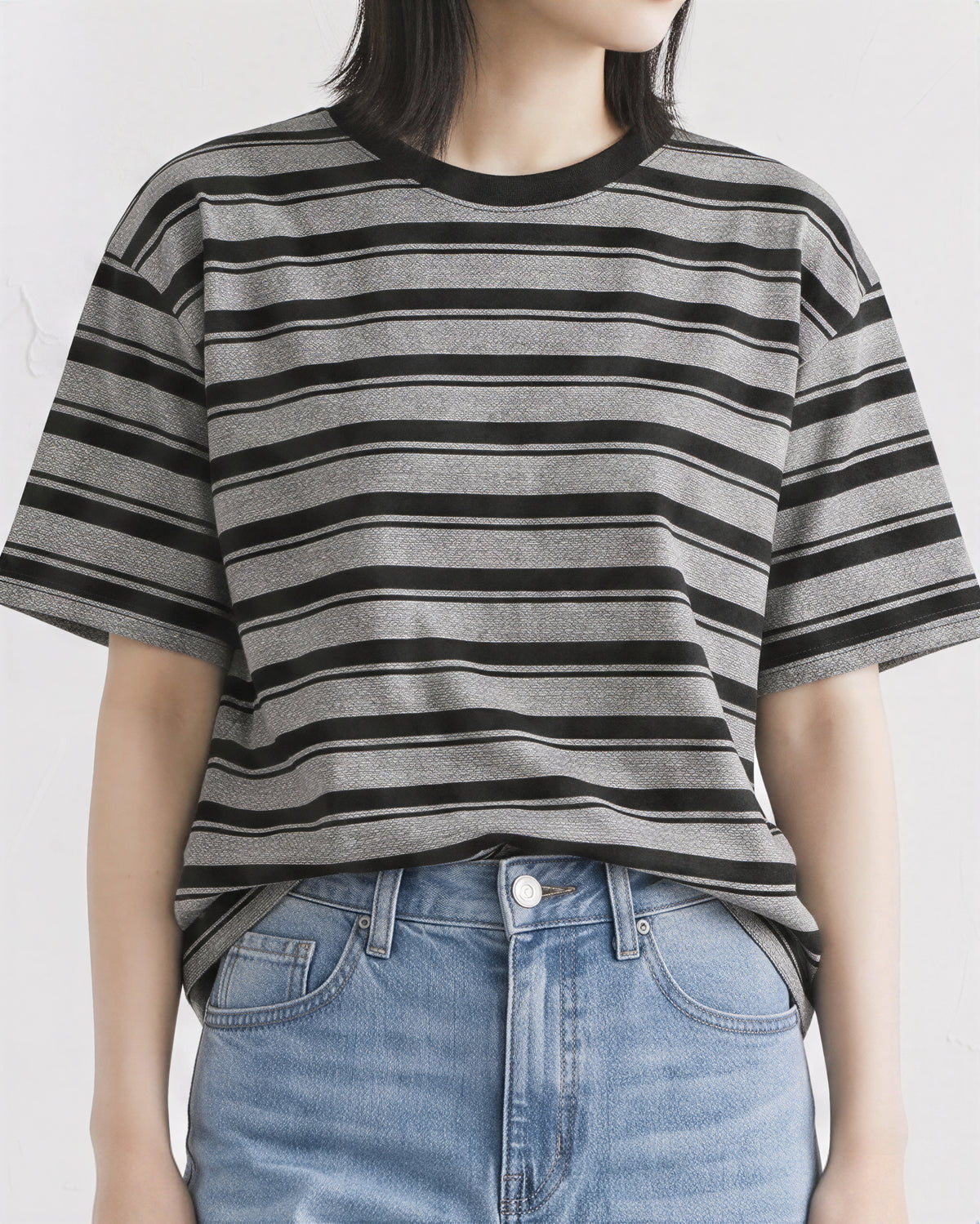 ブラックボーダー ルーズショルダーTシャツ