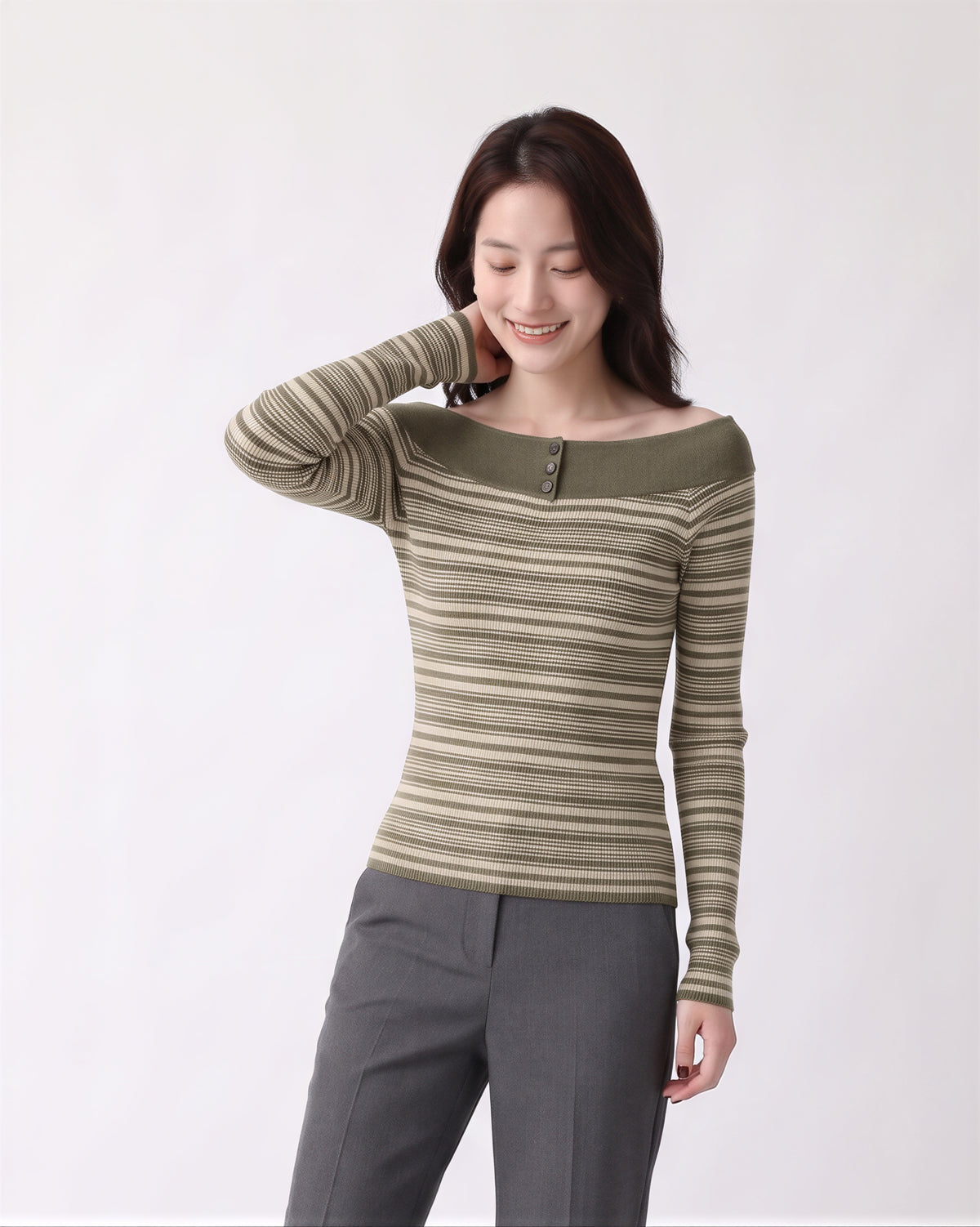 【秋新作】S~XL オフショルダー ボーダー スリムニットトップス