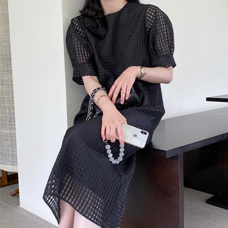 立体チェックテクスチャー パフスリーブ Iライン ロングワンピース