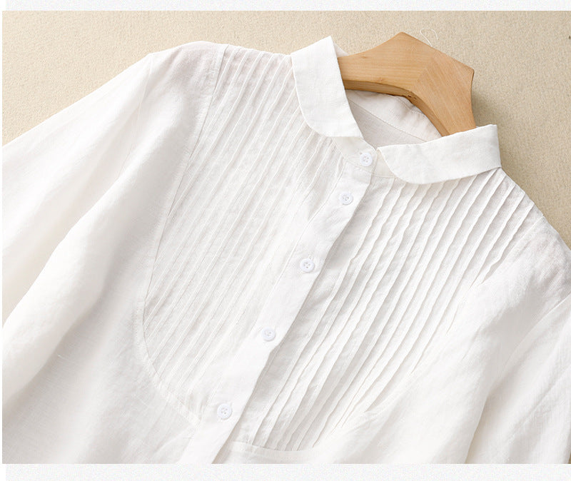 【全3色】M~2XL 七分袖ラミーシャツ｜フレンチピンタック ナチュラルレトロなゆったりコットンリネントップス
