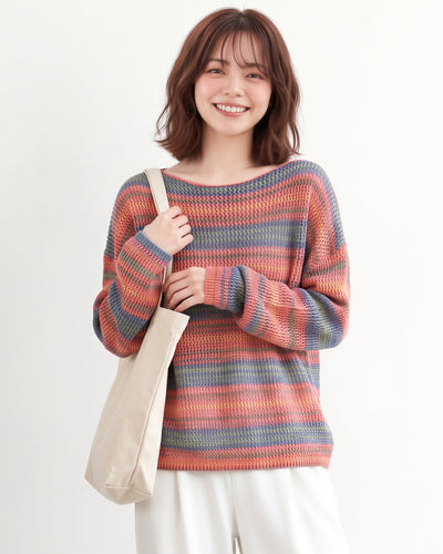 マルチボーダー ゆったりドロップショルダーニット-ライトレッド X ブルー-XL