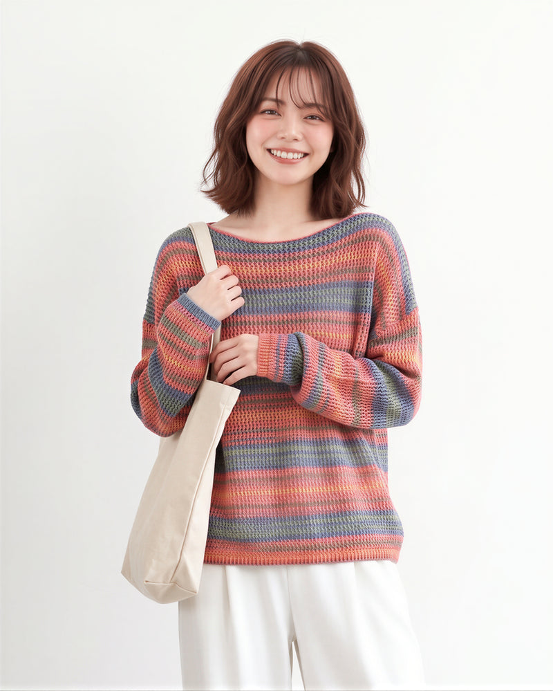 マルチボーダー ゆったりドロップショルダーニット-ライトレッド X ブルー-XL