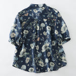M~2XL レトロフラワープリント ブルーシャツ