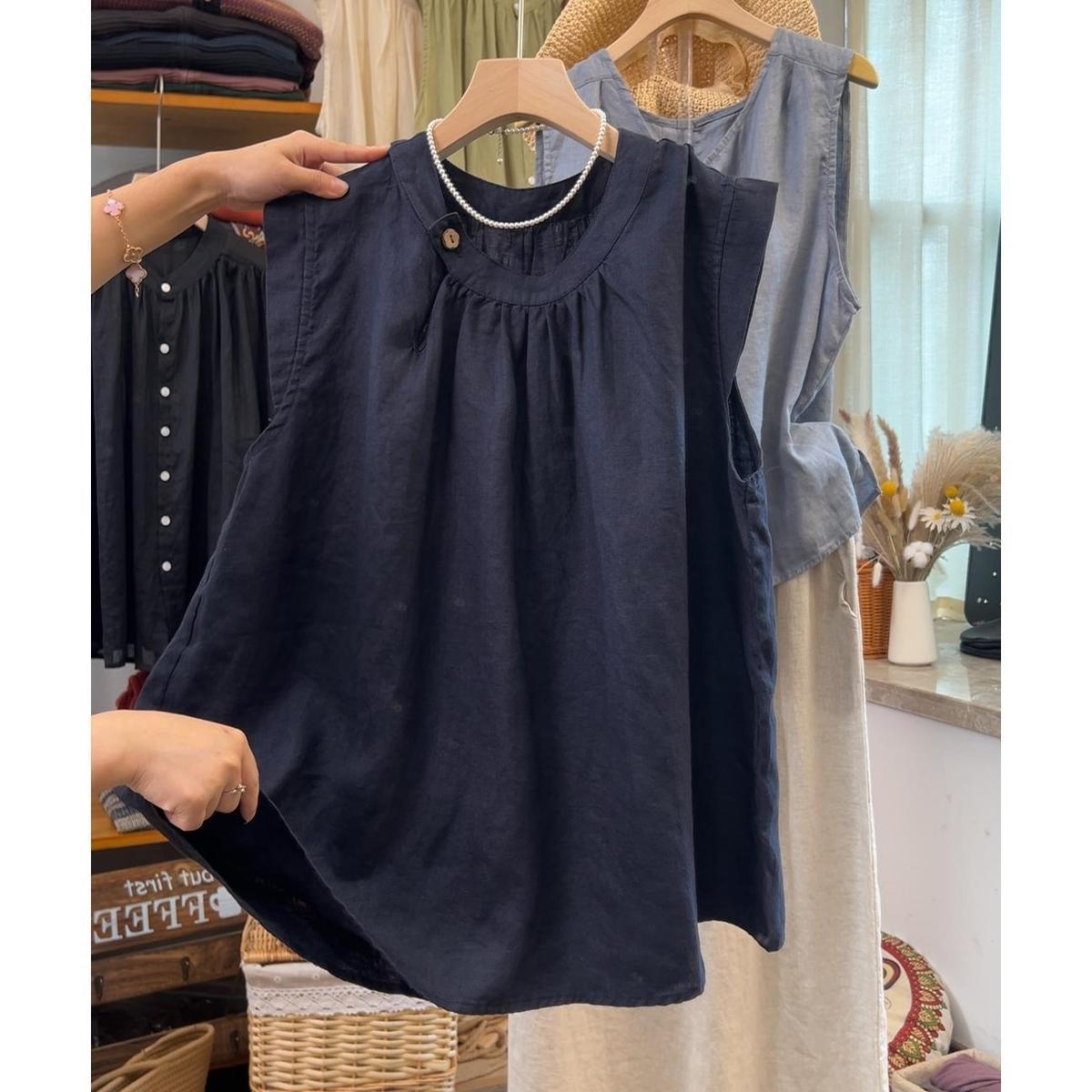 立体プリーツ クルーネック ノースリーブ ゆったりTシャツ