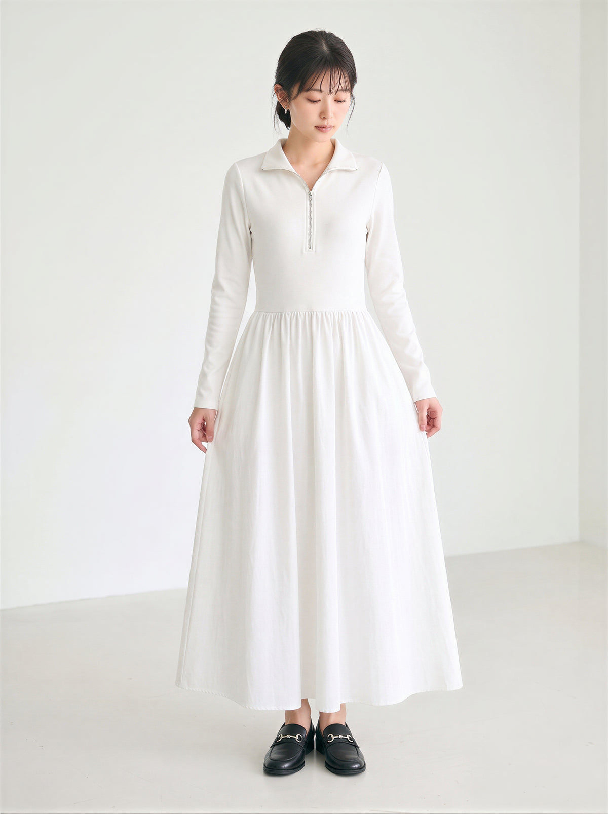 【秋新作】【全2色】S~XL ウエストシェイプ ハーフジップ ボリュームフレア ポロカラーワンピース