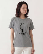 グレー ゆったりドロップショルダー アニマル線画プリント 半袖Tシャツ