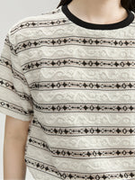 配色クルーネック ジャカードボーダーTシャツ