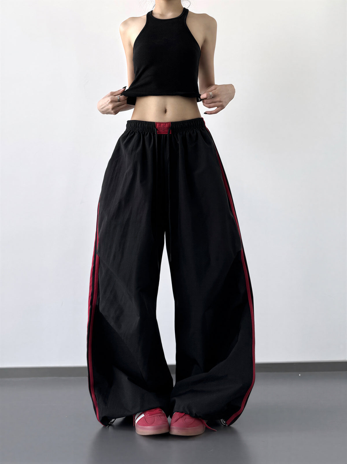 S-XL ドローストリング付きウエストゴム 配色ステッチワイドパンツ