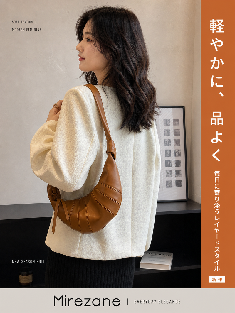【全3色】立体プリーツの幅広ショルダーストラップ付きホーボーバッグ