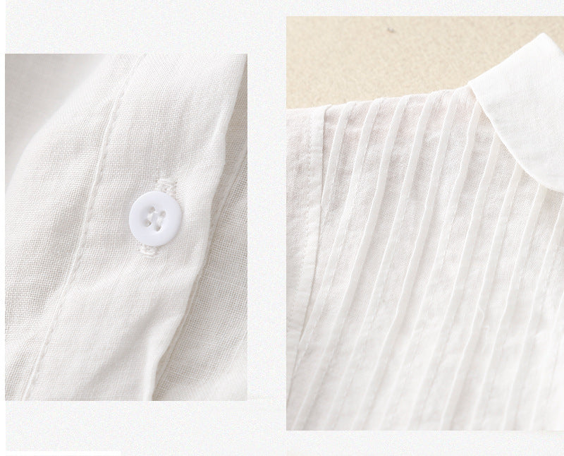 【全3色】M~2XL 七分袖ラミーシャツ｜フレンチピンタック ナチュラルレトロなゆったりコットンリネントップス