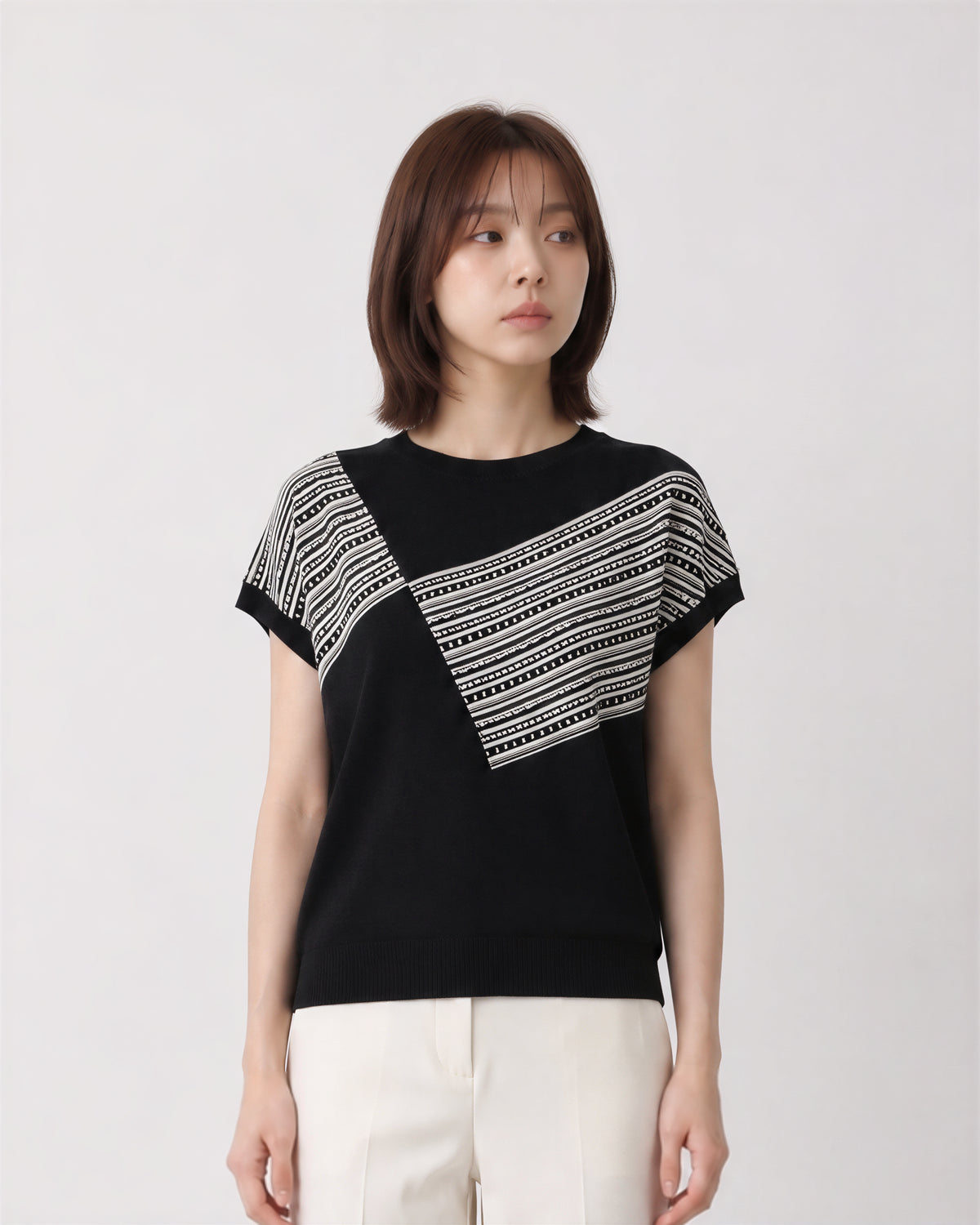 斜め切り替え幾何学ストライプ 肩落ち半袖Tシャツ