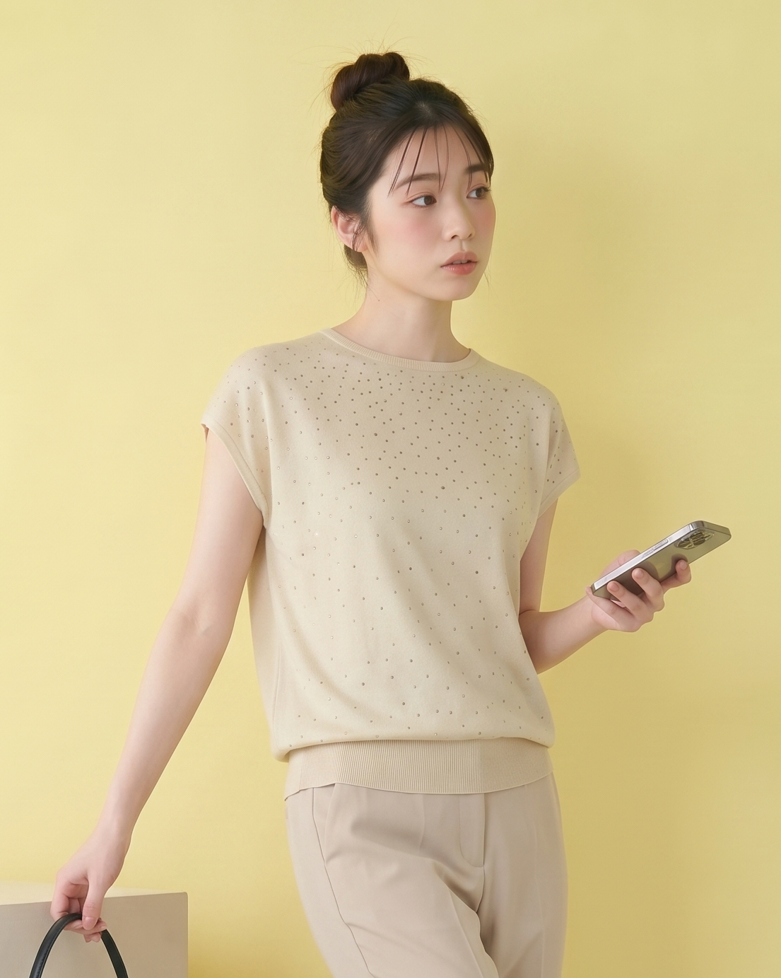 小さめラウンドネック ラメ調ジャカード ドルマンスリーブ ニット半袖Tシャツ