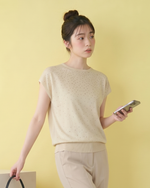 小さめラウンドネック ラメ調ジャカード ドルマンスリーブ ニット半袖Tシャツ