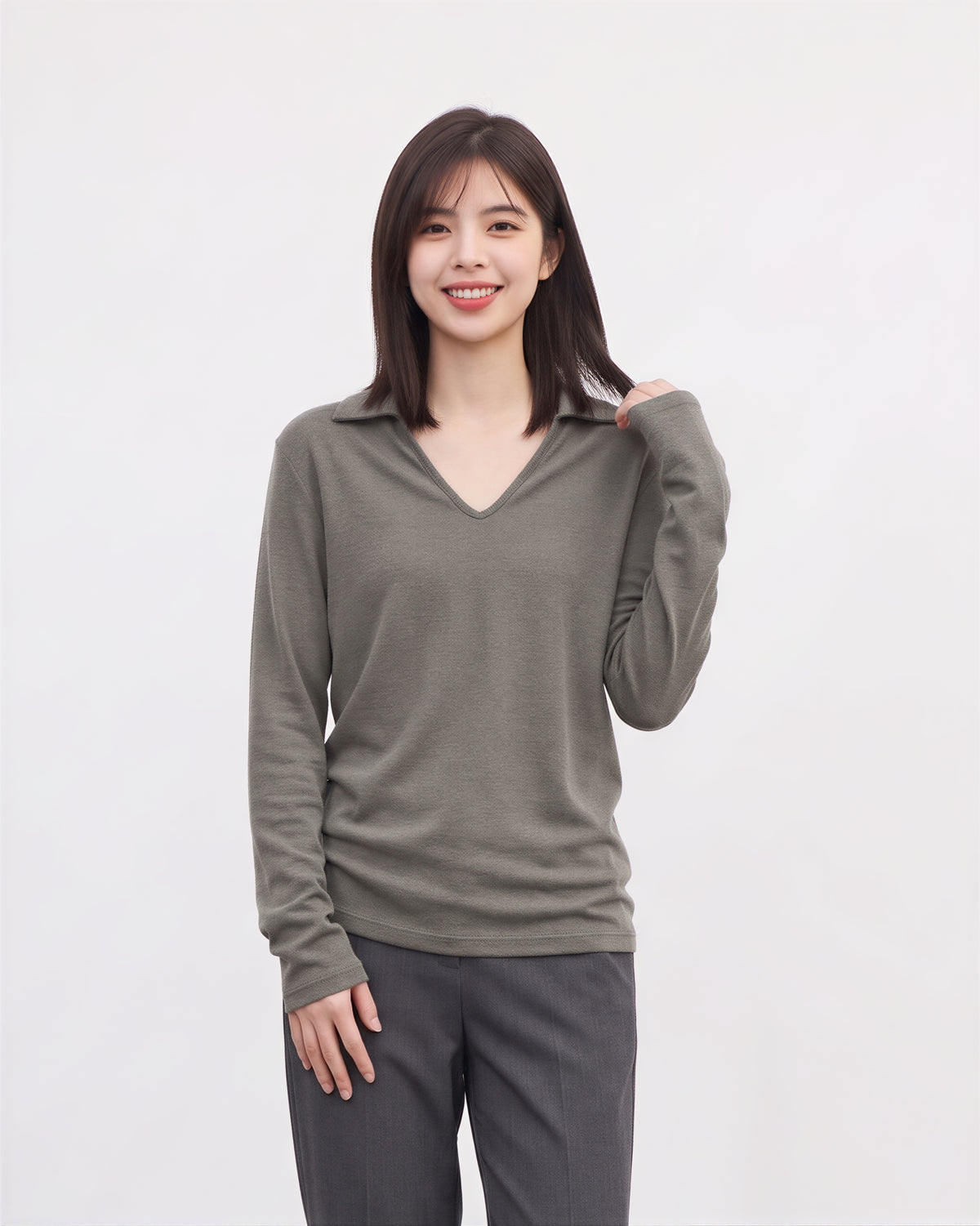 襟付きVネック スリムフィット長袖Tシャツ