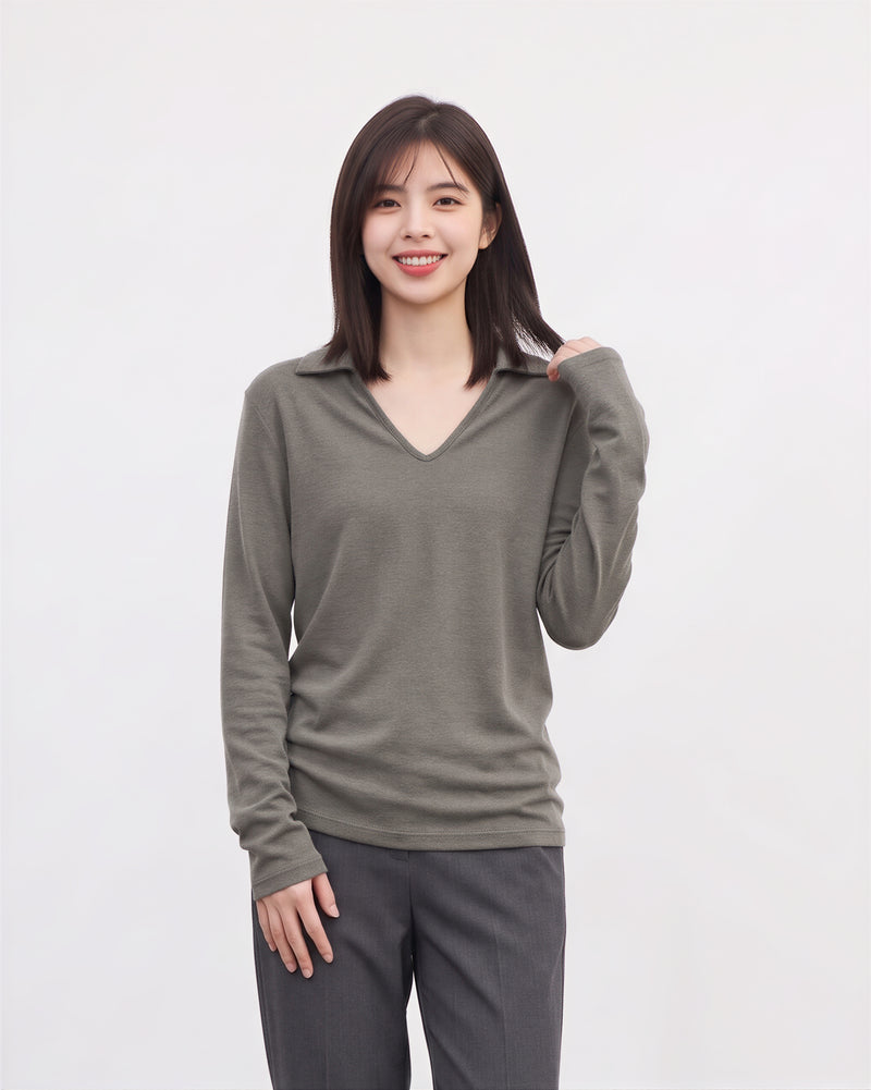 襟付きVネック スリムフィット長袖Tシャツ