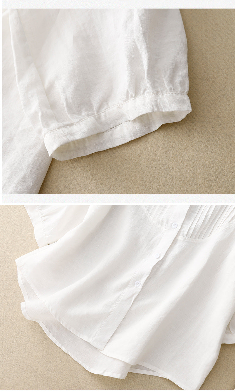 【全3色】M~2XL 七分袖ラミーシャツ｜フレンチピンタック ナチュラルレトロなゆったりコットンリネントップス