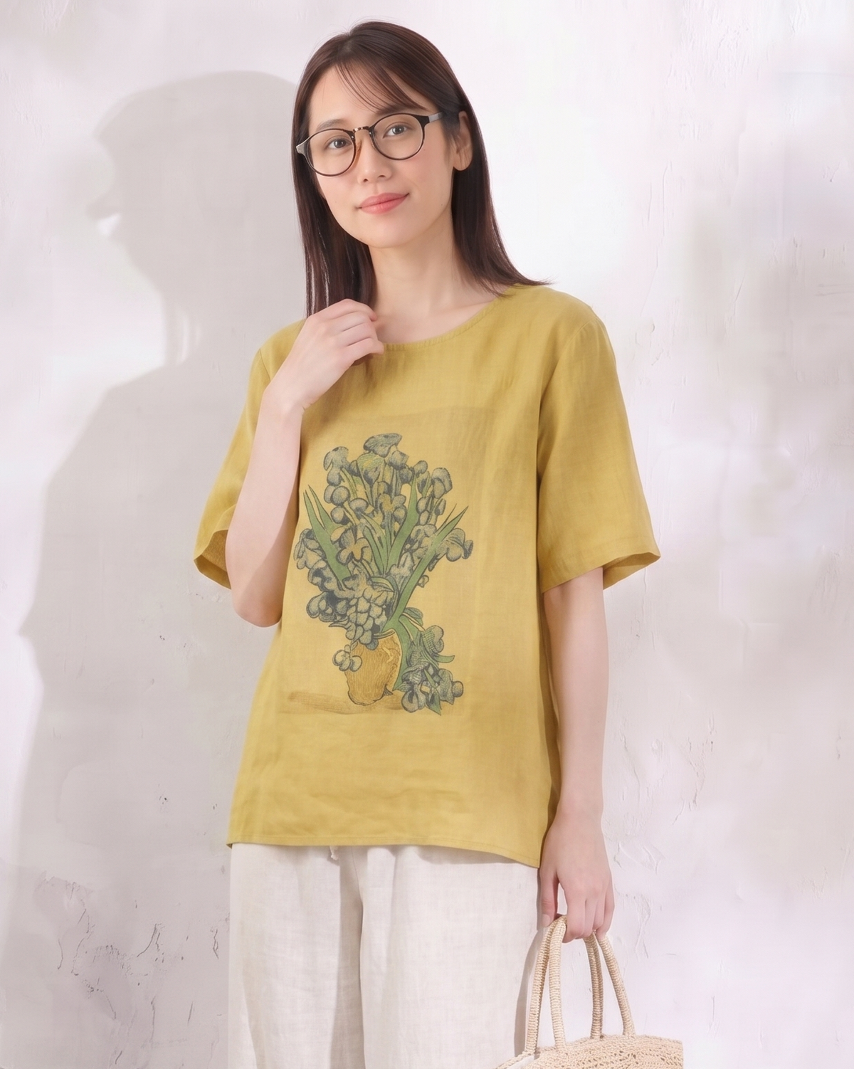 ゆったりカジュアルクルーネックフラワープリント半袖Tシャツ