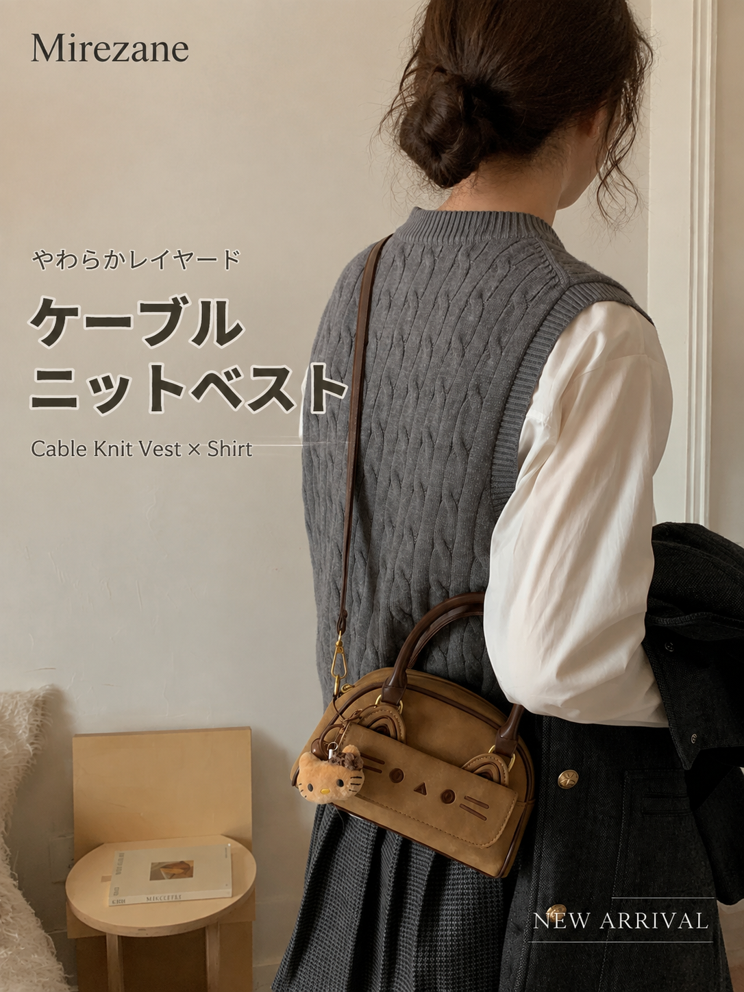 立体猫モチーフポケット付き ダブルハンドル ミニハンド・ショルダーバッグ