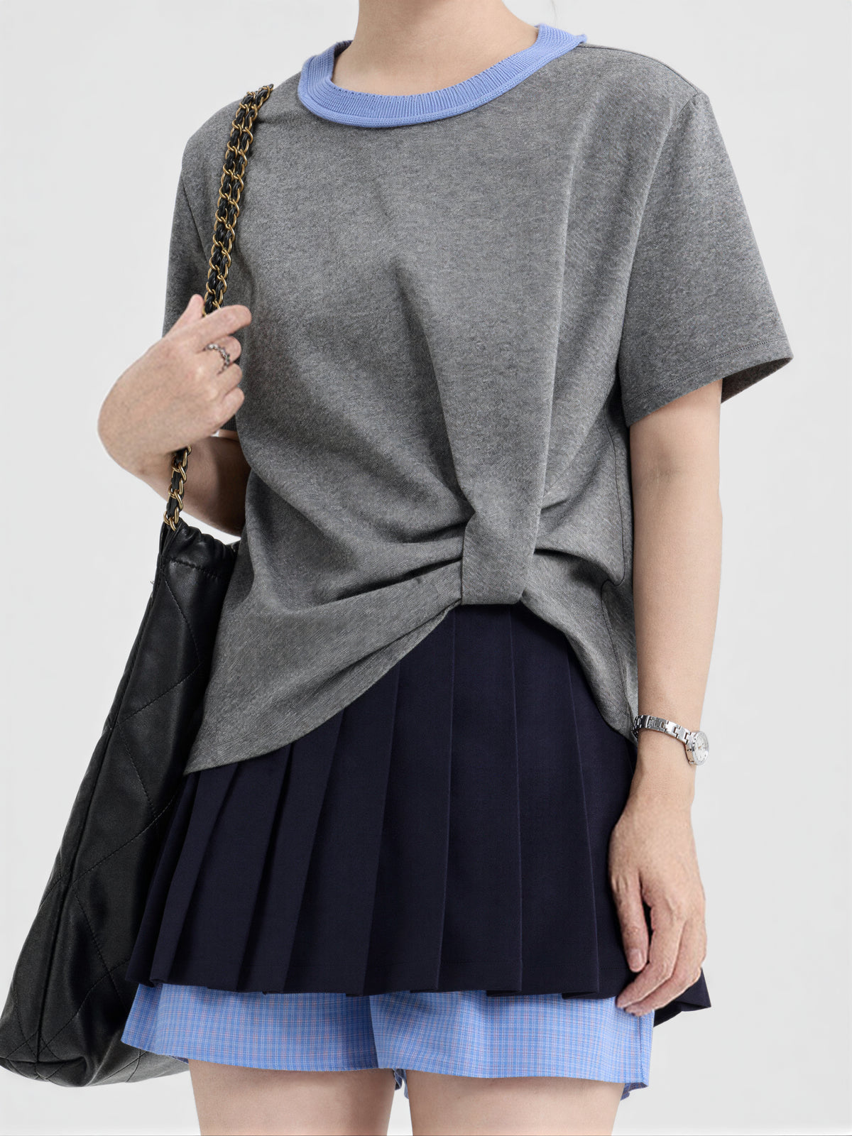 配色クルーネック サイドツイスト 半袖Tシャツ