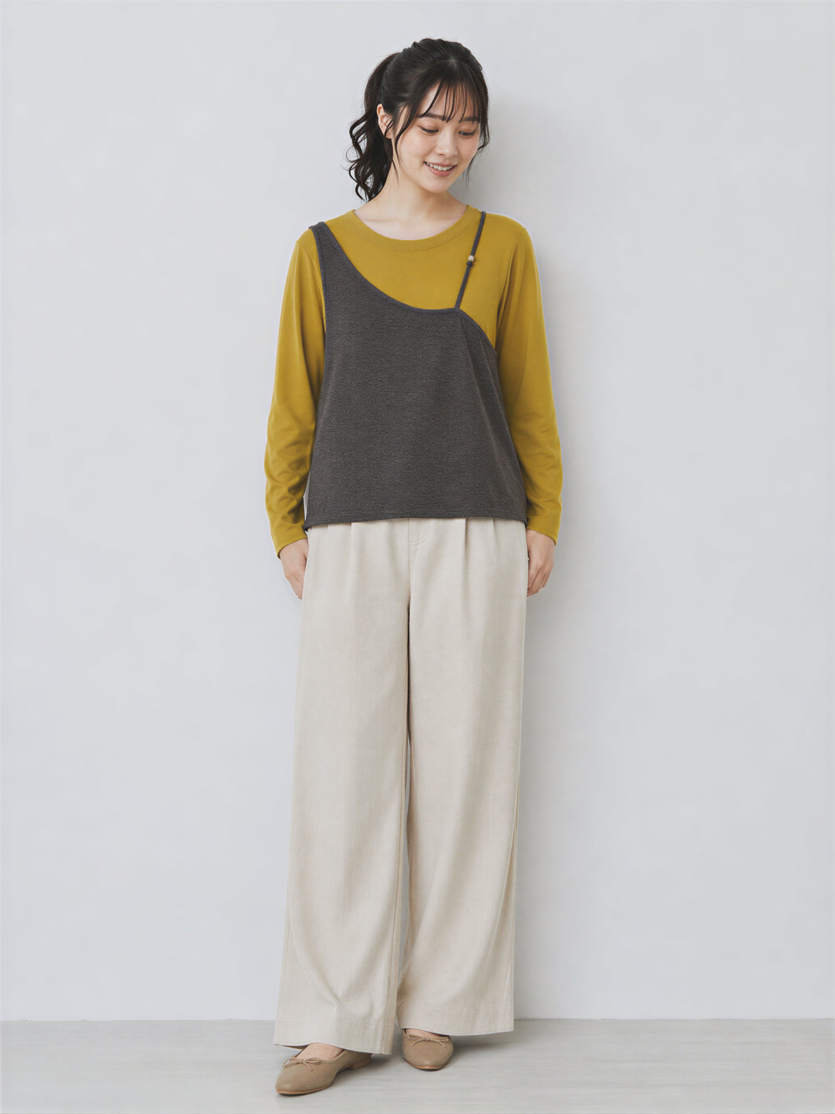 L~4XL レイヤード風 ゆったり アシンメトリー フェイクツーピースTシャツ