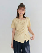 斜め前立てタック入り アシンメトリーヘム 半袖Tシャツ-ライトイエロー-4XL