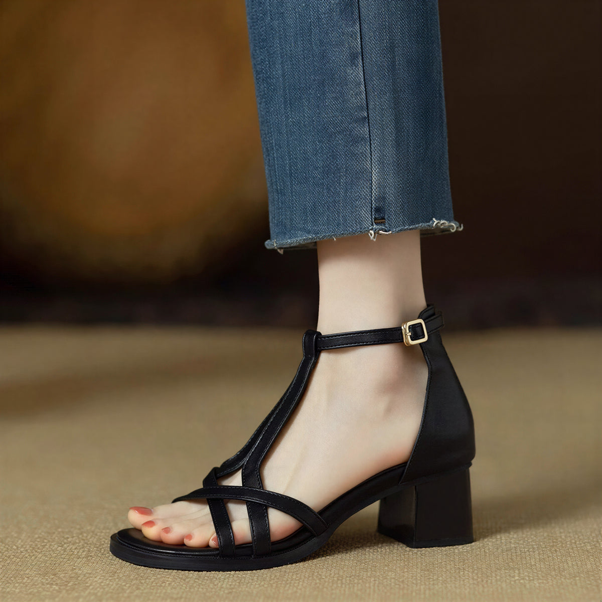 【5cm ヒール】クロス細ストラップ スクエアブロックヒール ワンストラップ オープントゥサンダル