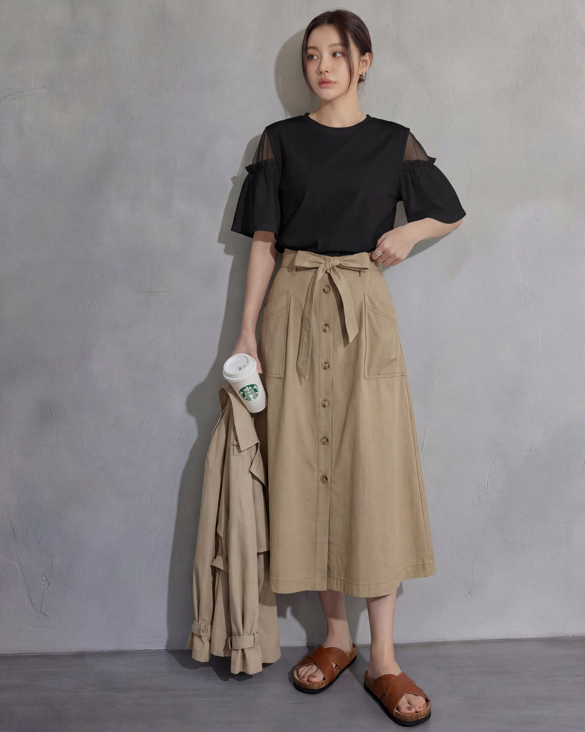 オフショルダー切替 フリルスリーブ ゆったり半袖Tシャツ