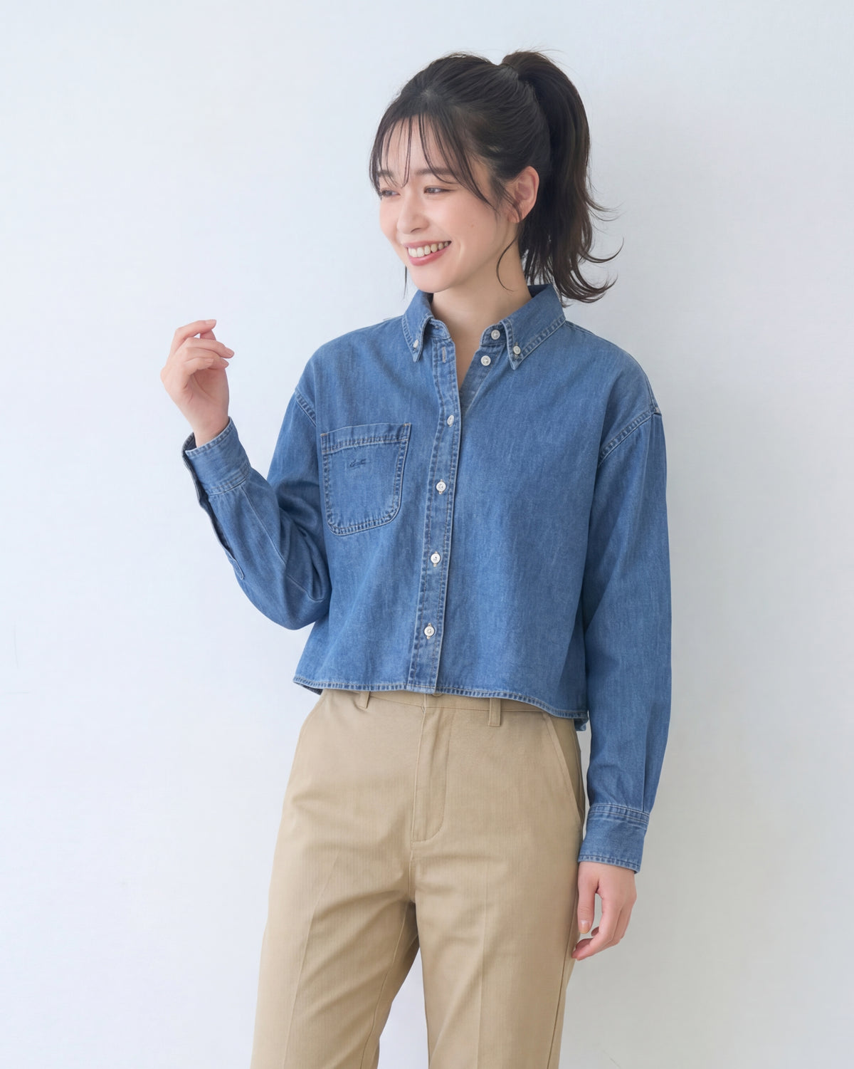 ショート丈 ゆったり ドロップショルダー デニムシャツ-ブルー-XL