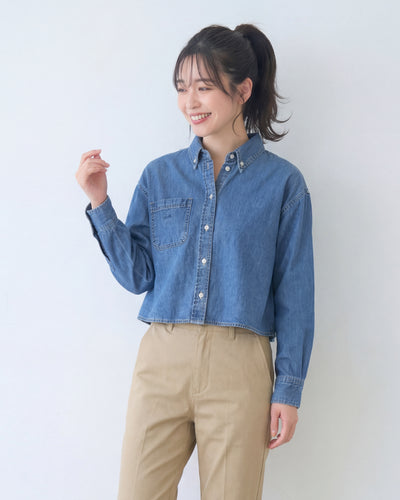 ショート丈 ゆったり ドロップショルダー デニムシャツ-ブルー-XL