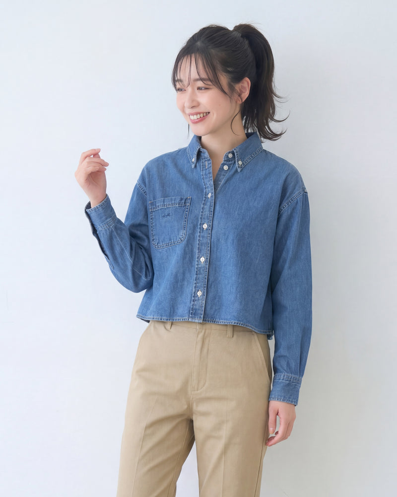 ショート丈 ゆったり ドロップショルダー デニムシャツ-ブルー-XL