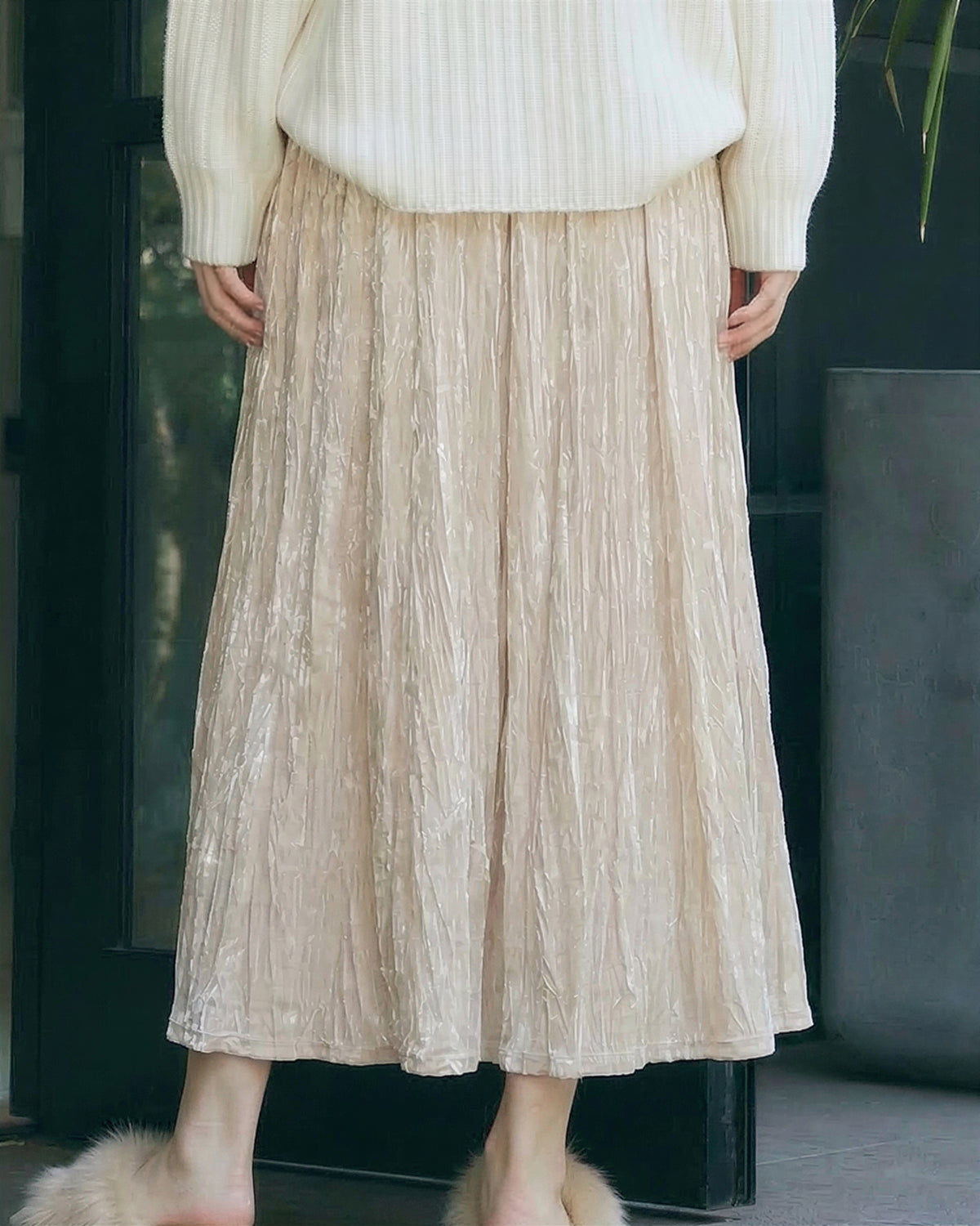 パール調プリーツ Aライン ロング丈 プリーツスカート