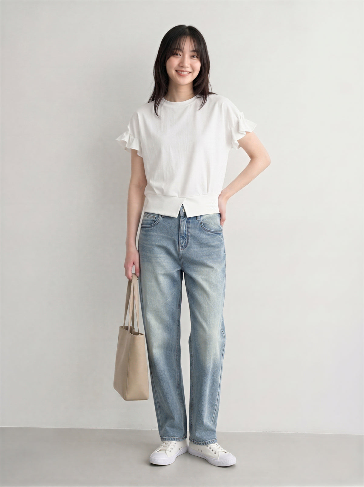 フリルスリーブ ウエストシェイプ ショート丈Tシャツ