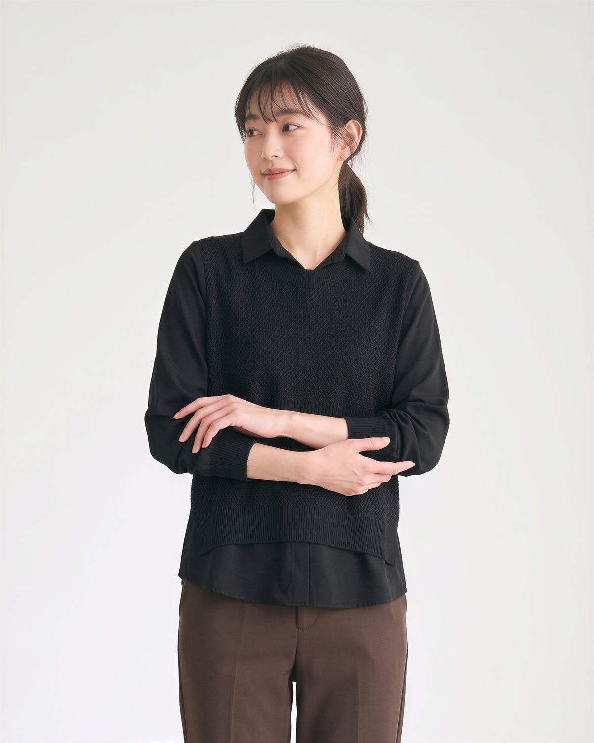 5色展開｜ニットベスト 重ね着風長袖シャツ