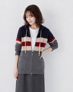 【秋新作】「全4色」M~4XL 切り替えボーダー ドローストリング フード付きニットカーディガン