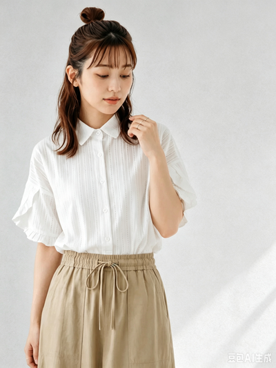 S~2XL 立体縦リブ フリルスリーブ ゆったりシャツ
