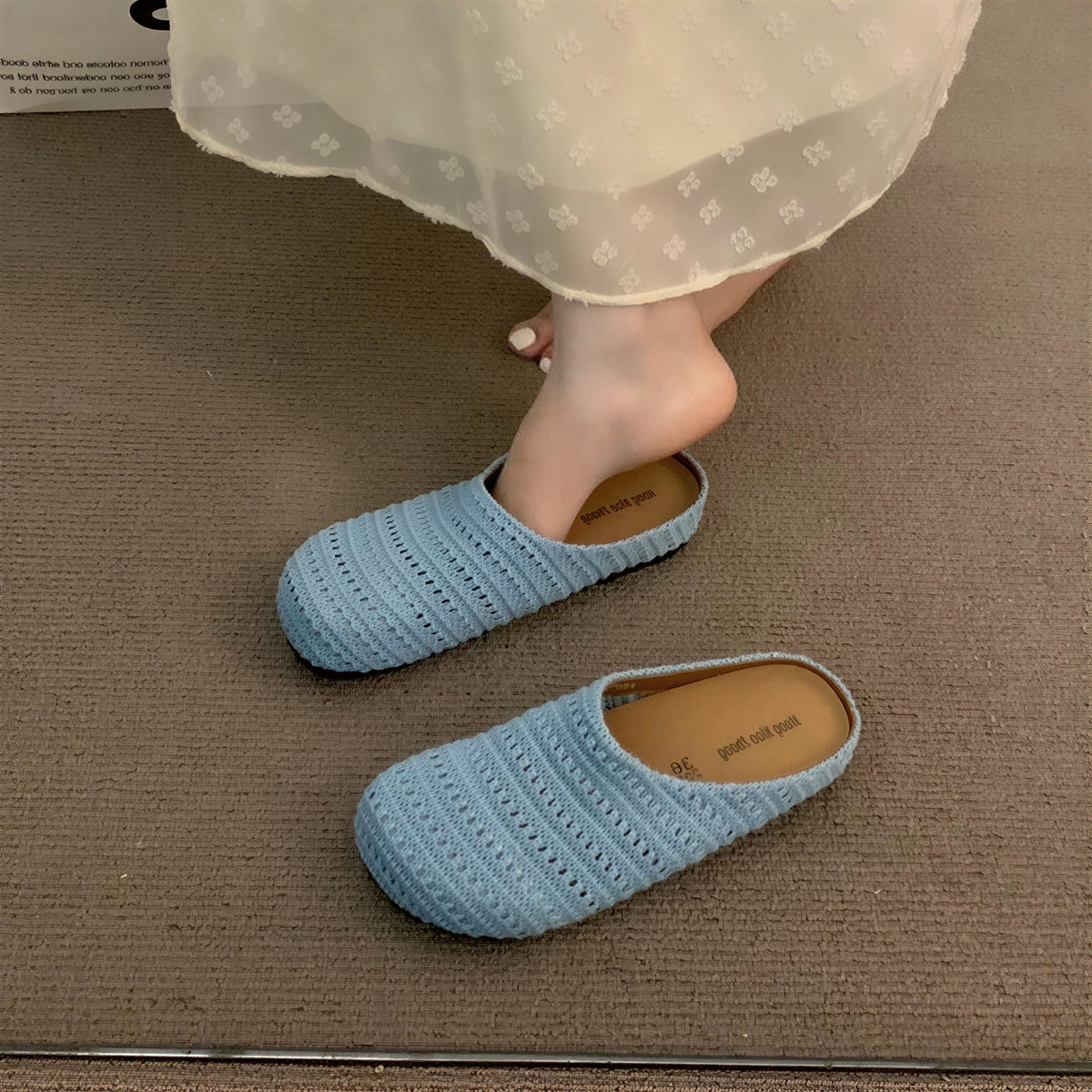 編み込み風テクスチャ 軽やかに包み込む つま先ありミュール-ブルー-40