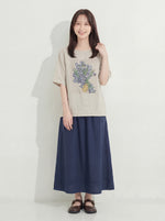 グレー クルーネック フラワープリント ゆったり 半袖Tシャツ