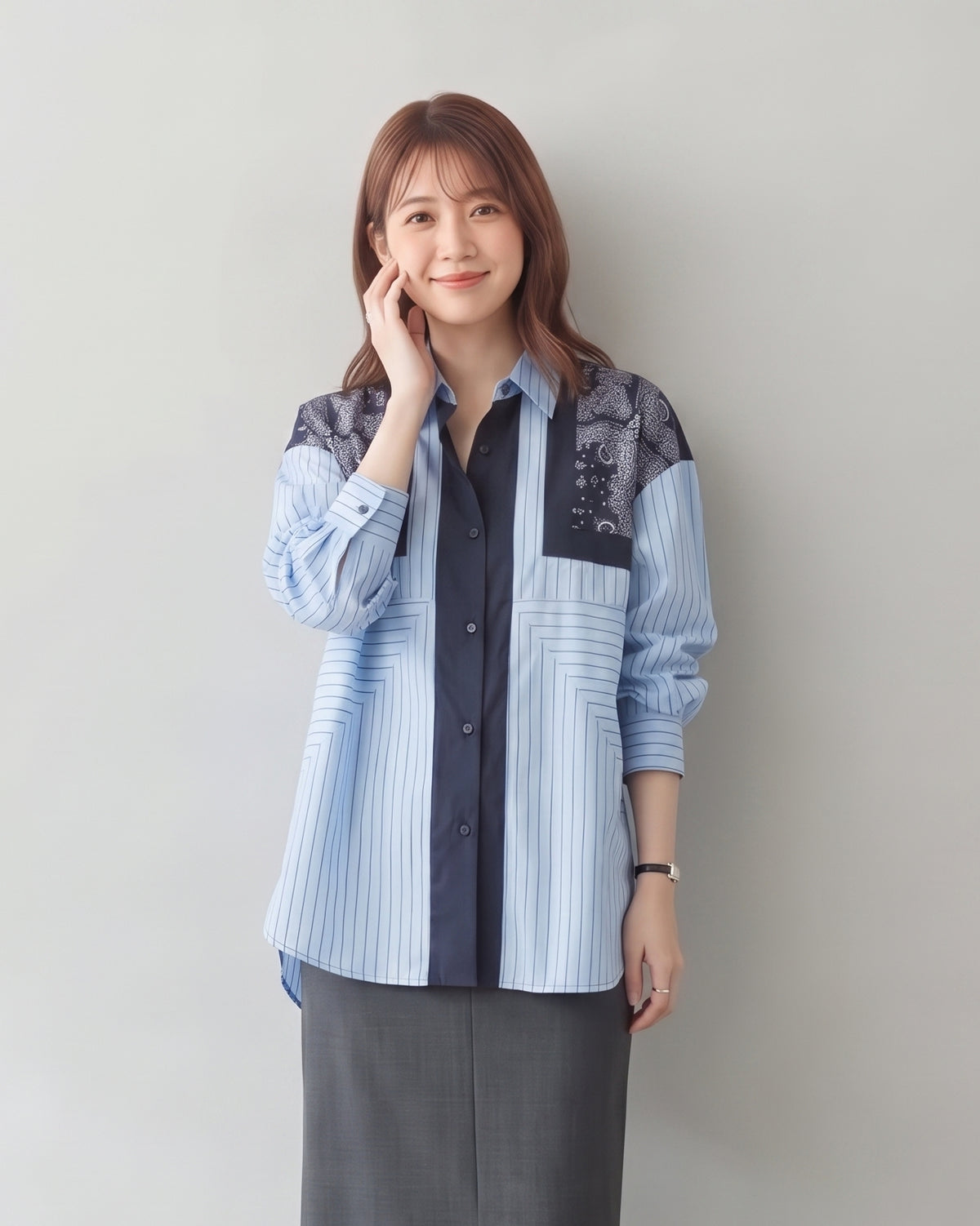 【秋新作】L~4XL 切り替えストライププリントシャツ