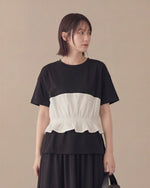 切り替えフリルヘム ウエストシェイプ 半袖Tシャツ
