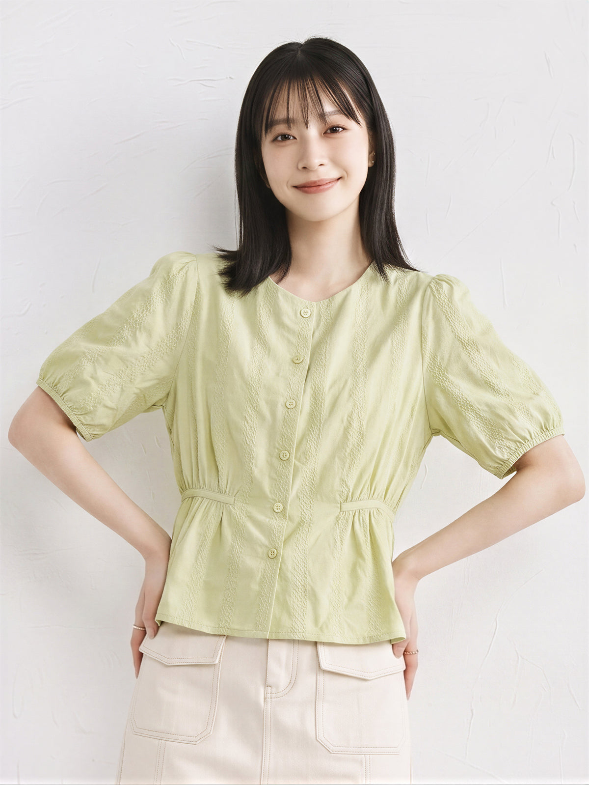 ラウンドネック ウエストシェイプ ジャカードブラウス-ライム-2XL